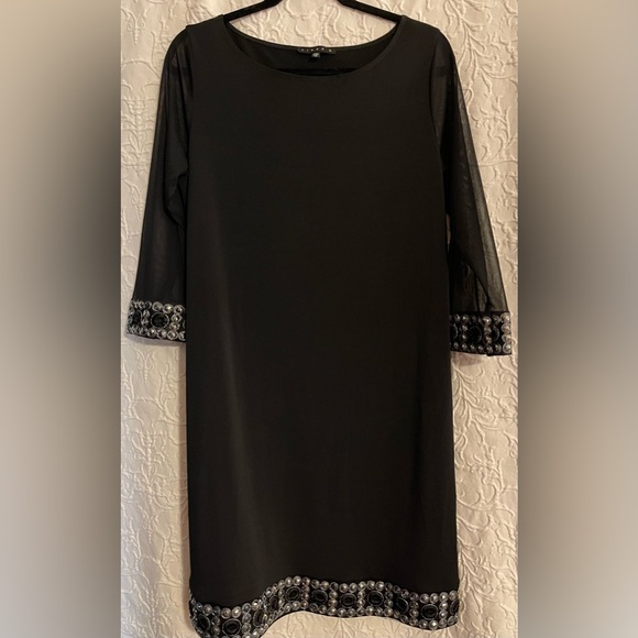 Tiana B Women's Shift Dress Black Beaded Cuffs & Hem Cocktail Size 12 - Picture 3 of 7